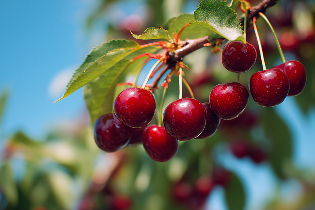the progress of growing cherry trees in a sunny outdoor environment.